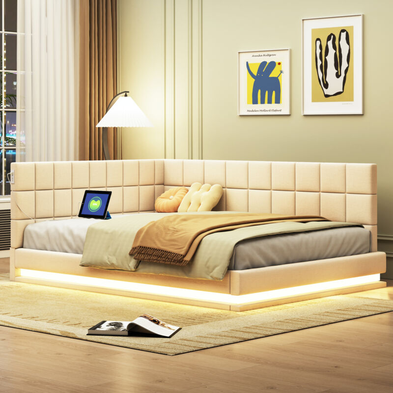 Canapé lit 140x200cm, lit adulte, lit enfant, barre lumineuse led, prise usb, velours, sans matelas, beige