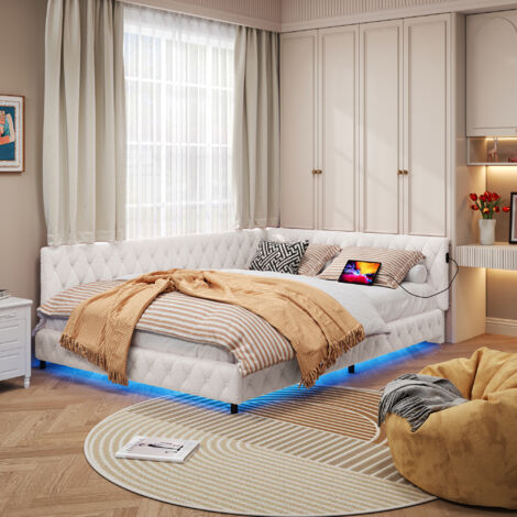 Canapé lit 140x200cm, Lit double avec sommier,Lit Banquette 2 Places, lit de jour avec LED et Port USB,canape lit 2 Places, pour adultes, invités, adolescentes, velours teddy, beige,sans matelas
