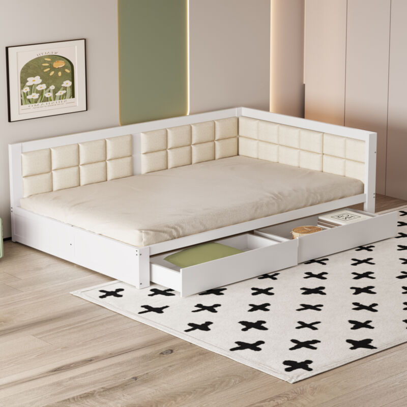 Modfu - Canapé-lit 140x200cm, pin, lit enfant avec 2 tiroirs, lit simple, sans matelas, blanc