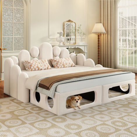 Canapé lit 180x200 cm, Canapé Convertible avec couchage animal intégré 2-en-1, lit 2 Personnes tissu velours doux, Meuble Salon Beige (sans Matelas)