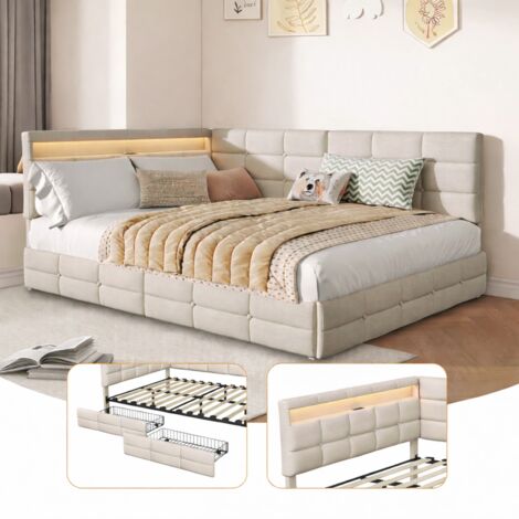 Canapé lit 2 places 140x190 cm, 2 tiroirs, LED & USB, cadre métallique, sommier à lattes, lin beige