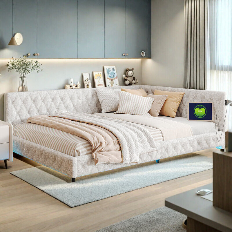 Canapé-lit 2 places 140x200, éclairage LED et port de charge USB – Cadre de lit 140x200 Sommier a Lattes, velours beige