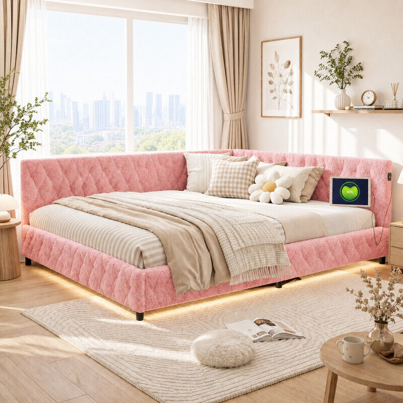 Canapé-lit 140x200cm avec dossier, port USB – Lit double avec éclairage LED réglable, sommier à lattes, velours rose