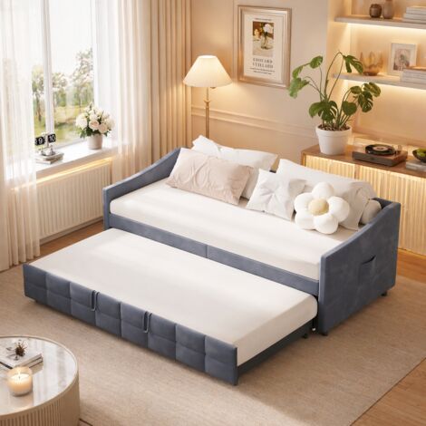 Canapé lit 2 Places  90/180 x 200 cm, Canape Lit Rembourré avec lit gigogne, Sommier à LattesCanapé Convertible Extensible pour Salon, Chambre à Coucher, sans Matelas, Tissu Velours, Gris