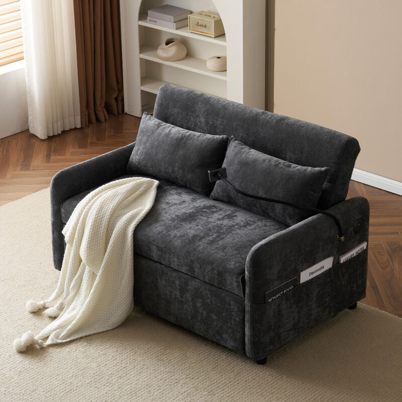 Wishdor - Canapé-lit 2 places, canapé convertible gris avec fonction sommeil, support pour téléphone portable, port de chargement usb