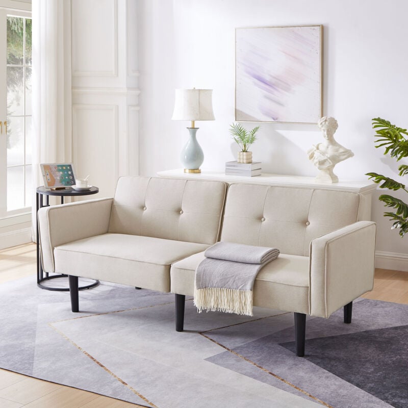 Yoleo - Canapé-lit 2 Places Dossiers réglable multifonctionnel,Fonction d'inclinaison,Tissu en coton lin,Mousse haute densité,176L x 76l x 74Hcm,Beige