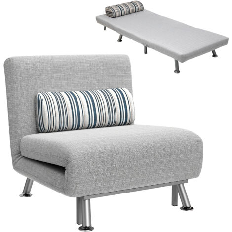 Canapé-lit 3 en 1 une place avec dossier inclinable 5 positions, coussin rembourré et matelas, canapé-lit pliant pour salon, en acier et lin, 75 x 70 x 75 cm, gris clair