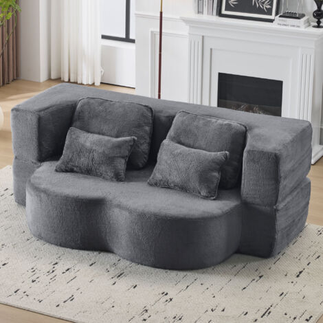 Canapé lit 3 en 1,198 x 60 x 76 cm  avec 4 coussins décoratifs, matelas pliant en mousse haute densité,Mousse + Ressort,bleu-gris