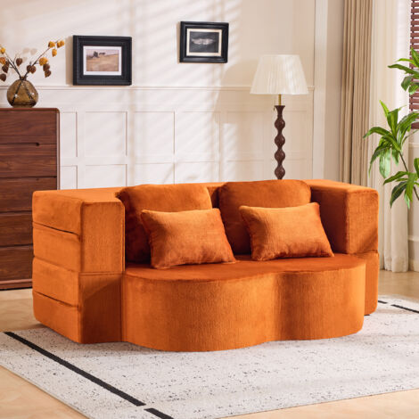 Canapé lit 3 en 1,198 x 60 x 76 cm  avec 4 coussins décoratifs, matelas pliant en mousse haute densité,Mousse + Ressort,Orange