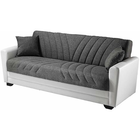 Canapé-lit 3 places - Couleur : Blanc et Gris - et Similicuir - 220 x 88 x 83h cm.