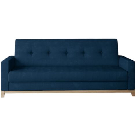 Canapé lit 3 places tissu bleu foncé et pieds en bois de hêtre Saline 216cm