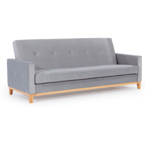 Canapé lit 3 places tissu gris clair et pieds en bois de hêtre Saline 216cm