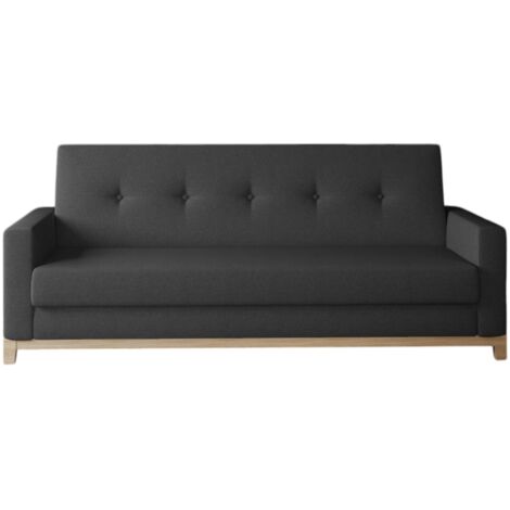 Canapé lit 3 places tissu noir et pieds en bois de hêtre Saline 216cm