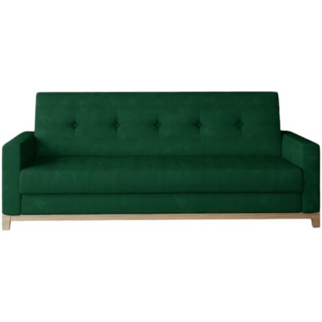 Canapé lit 3 places tissu vert foncé et pieds en bois de hêtre Saline 216cm