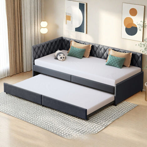 Canapé lit 90/180 x 200 cm, lit gigogne extensible 90/180x200 cm, 2 en 1, sommier à lattes en bois, Pour adolescents et invités, velours, gris