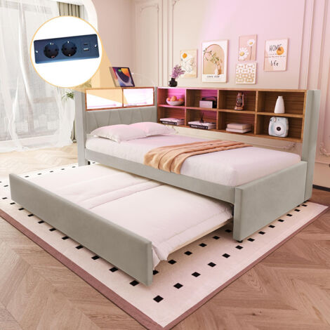 Canapé-lit 90 × 200 cm, avec éclairage LED, prises électriques et nombreux compartiments de rangement, finition flanelle, gris clair