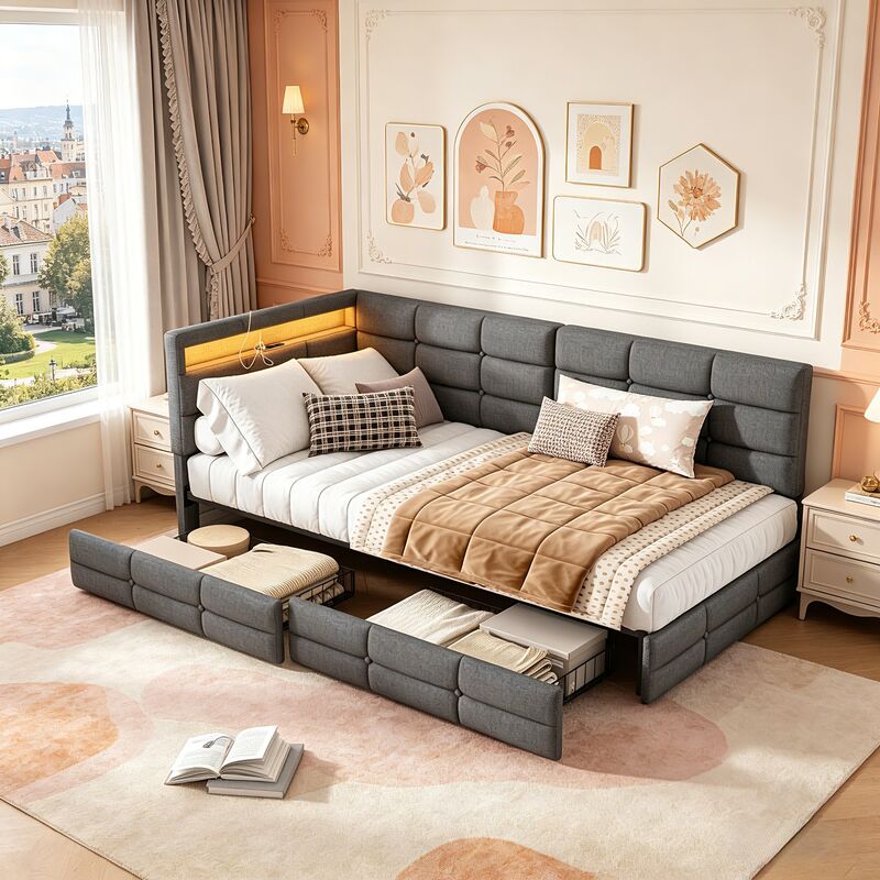 Canapé Lit 90 x 200 avec Éclairage LED et Prise USB, Lit 1 personne avec 2 Tiroirs de Rangement, Lit Banquette avec Sommier à Lattes, Lit Adolescent,