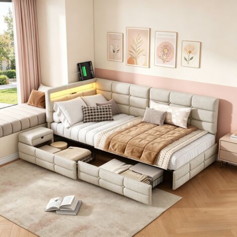 Canapé Lit 90 x 200 avec Éclairage LED et Prise USB, Lit 1 personne avec 2 Tiroirs de Rangement, Sommier à Lattes, Lin, Beige