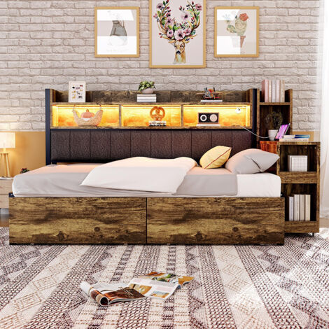 Canapé-lit 90 x 200 cm, avec armoire de rangement et coffre de rangement, prise multifonction et éclairage LED, bureau coulissant, couleur naturelle