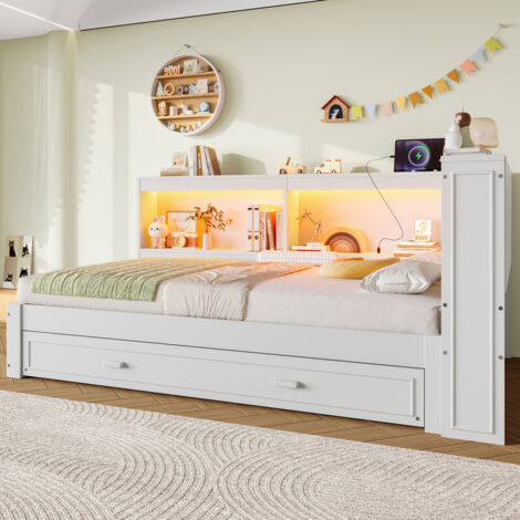 Canapé-lit 90 x 200 cm, - avec lit gigogne - avec éclairage LED - avec prise + 1 port USB + 1 port Type-C - blanc (matelas non inclus)