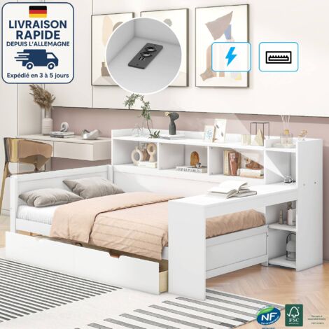 Canapé-lit 90 x 200 cm, lit simple avec table de chevet, prise, port USB, 2 tiroirs, bureau, blanc