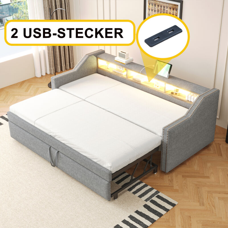 Modfu - Canapé-lit 90/180x190 cm, lin, lit adulte avec led, usb, sommier à lattes, sans matelas, gris