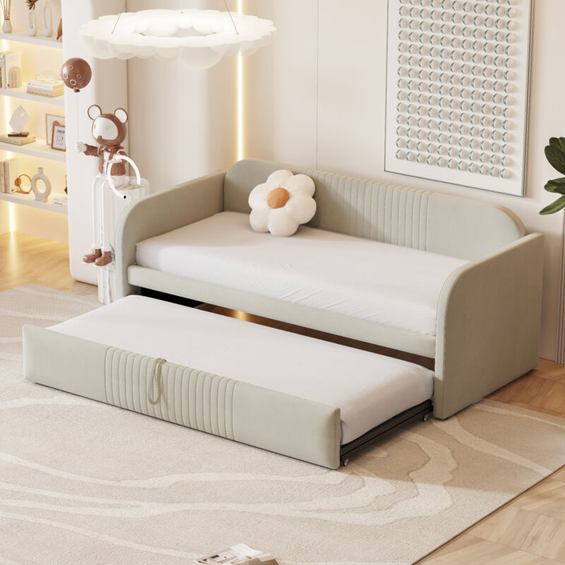 Hauss Spole - Canapé-lit 90/180x190 cm, lit enfant, lit adulte, lit gigogne , lin, confortable, sans matelas, beige