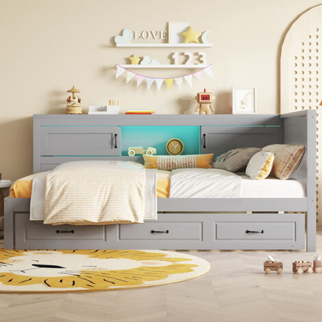 Canapé-lit 90200cm, Eclairage d'ambiance avec télécommande, Compartiment de rangement, Prise + USB, gris