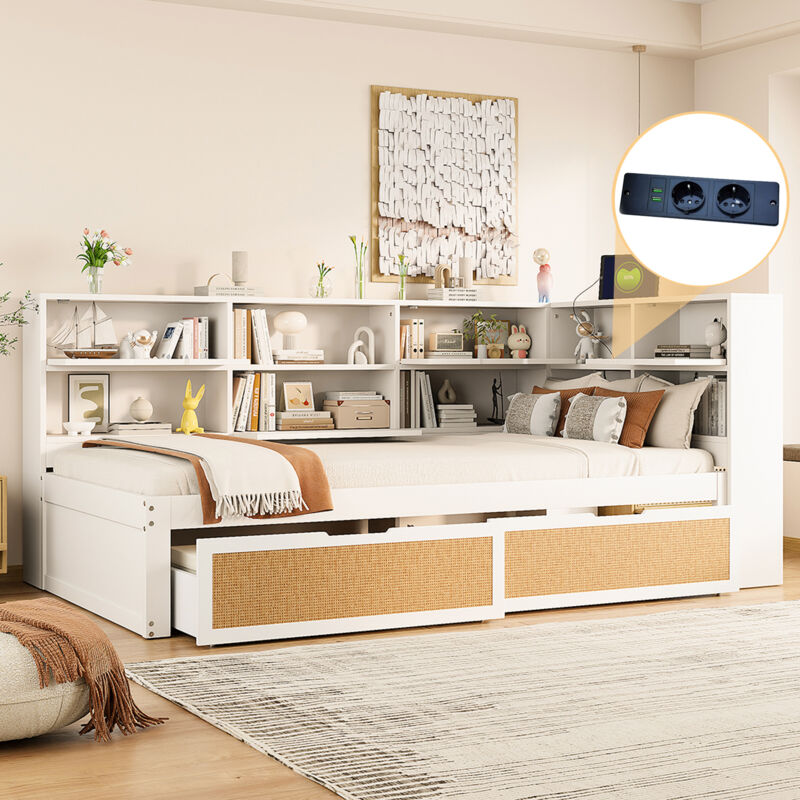 Canapé-lit 90×200cm, lit enfant, 2 tiroirs, avec prise, sans matelas, pin, blanc