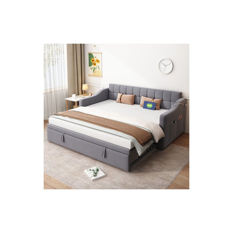 Canapé-lit 90x190 cm, lit gigogne avec prise et poche de rangement, tissu velours, sans matelas, gris