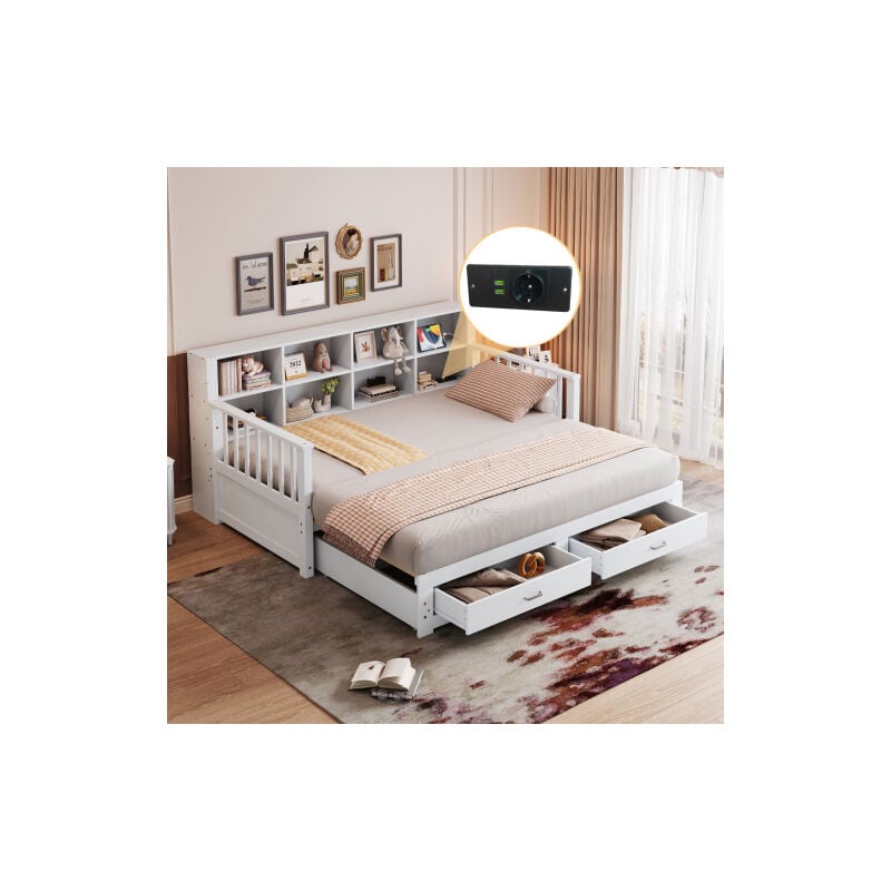 Lit gigogne 90x190 cm et 180x190 cm avec prise de charge, meuble de rangement, 2 tiroirs et sommier à lattes, sans matelas, blanc