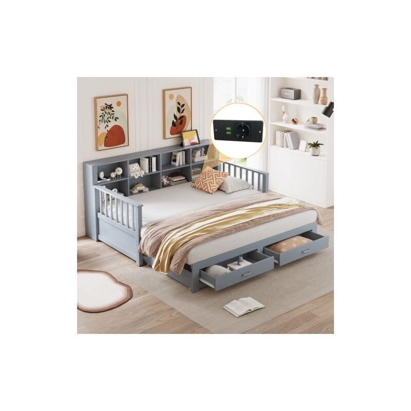 Lit gigogne 90x190 cm et 180x190 cm avec prise de charge, meuble de rangement, 2 tiroirs et sommier à lattes, sans matelas, gris
