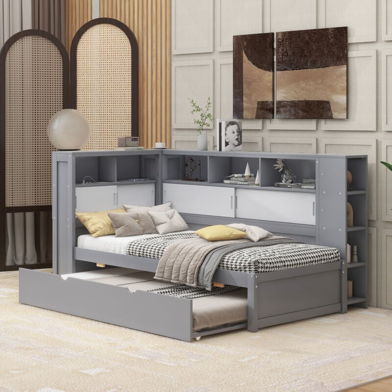 Canapé-lit 90x200 cm avec lit gigogne 90x190 cm, USB, Lit enfant, Plusieurs compartiments de rangement, Sans matelas, gris