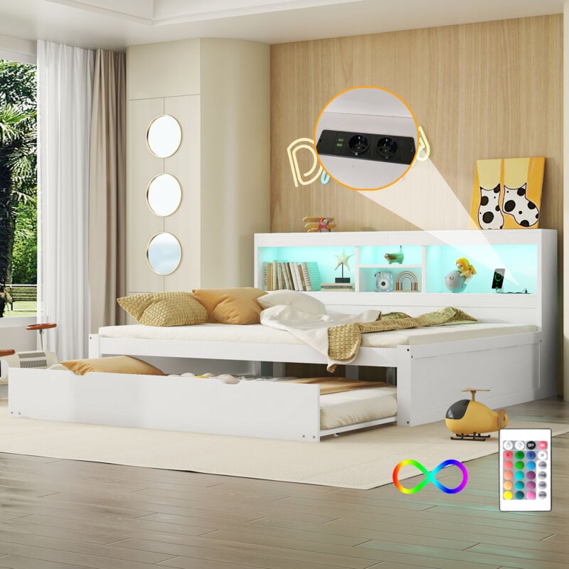 Hauss Spole - Canapé-lit 140x200 cm avec lit gigogne, Lit adulte/enfant avec prise + usb, led, sans matelas, blanc