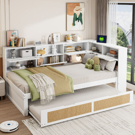 Canapé-lit 90x200 cm avec lit gigogne, lit simple avec nombreux rangements et port de charge, en bois, blanc