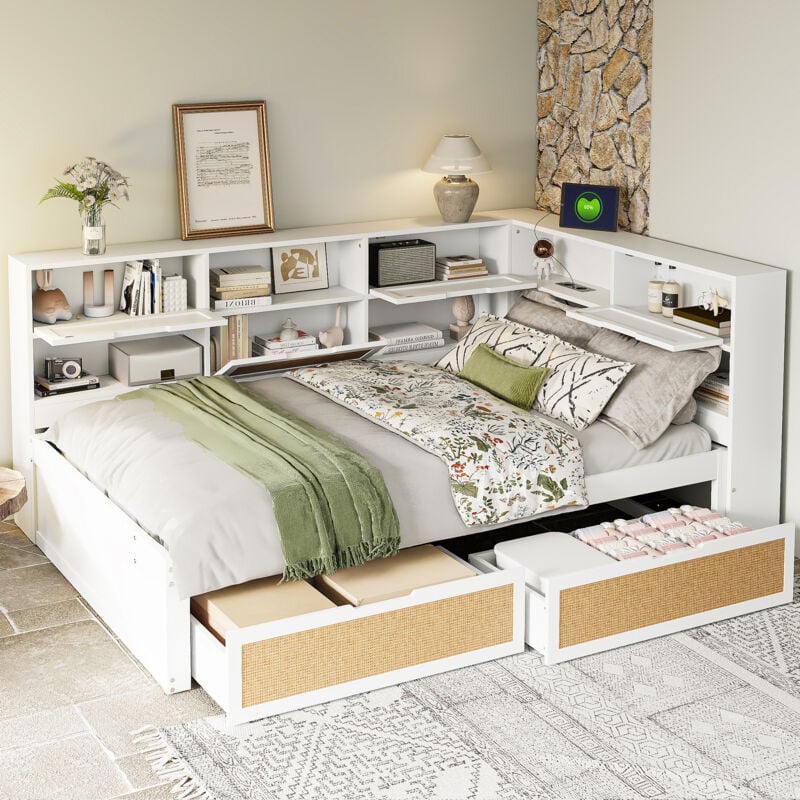 Okwish - Canapé-lit 140x200 cm avec tiroir, nombreux rangements et port de charge, en bois massif, blanc