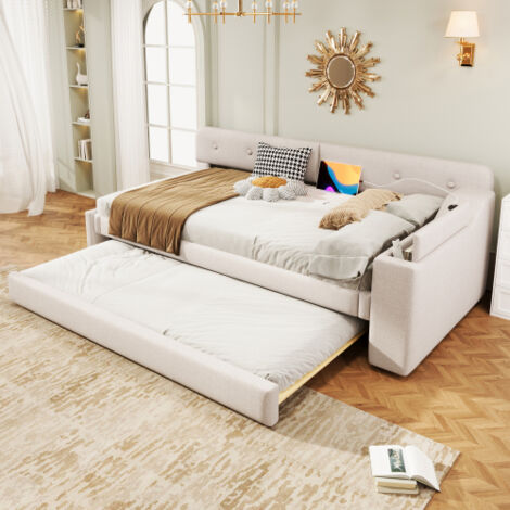 Canapé-lit 1 Personne Avec Rangement – Dimensions 90x200 Cm – Éclairage LED, Ports USB/Type-C – Mécanisme Hydraulique – Tissu Beige