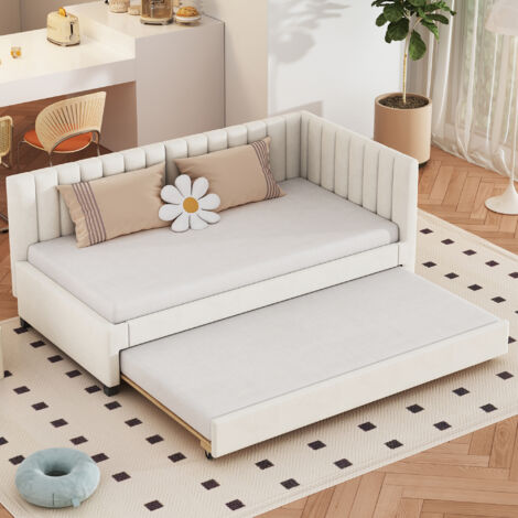 Canapé-lit 90x200 cm lit simple rembourré, lit enfant avec lit gigone et sommier à lattes, tissu en velours, blanc, sans matelas