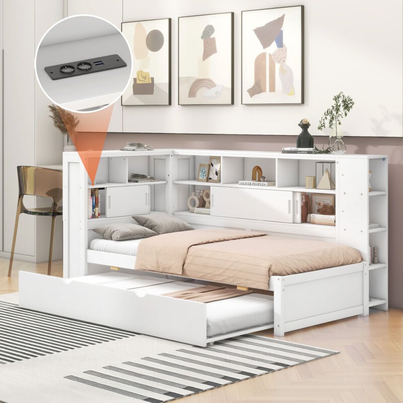 Modfu - Canapé-lit 90x200 cm, particules, lit simple avec tiroir, sans matelas, compartiment de rangement ouvert, blanc