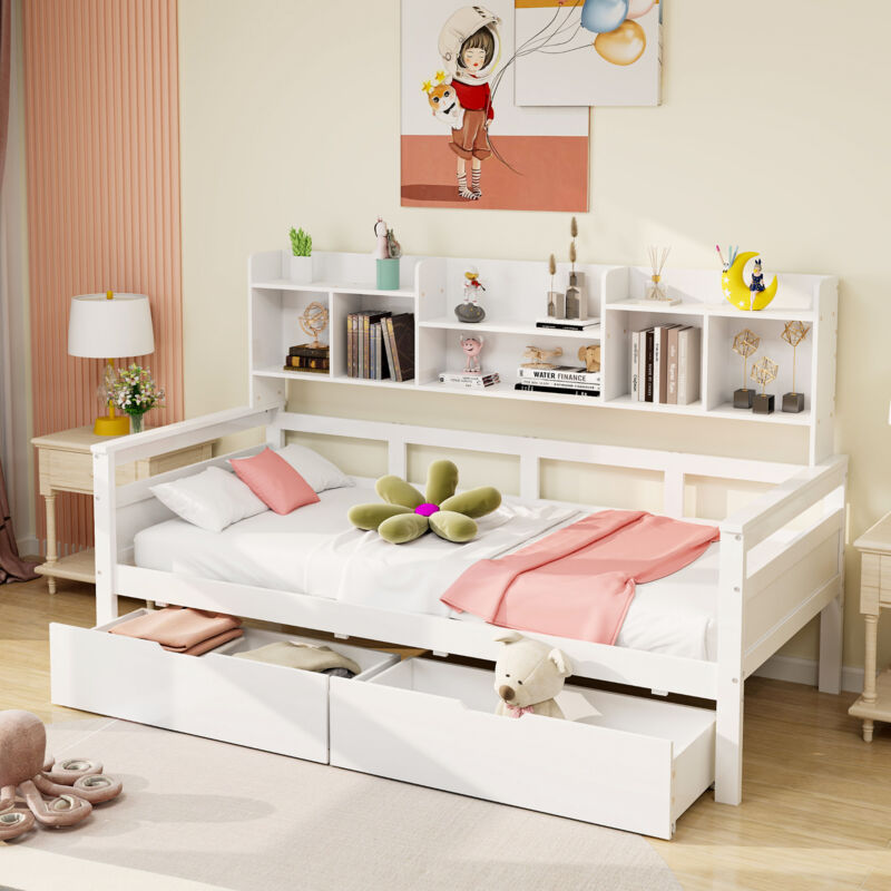 Canapé-lit 90x200 cm, lit simple avec tiroirs, étagères de rangement et sommier à lattes, en bois massif, blanc, sans matelas