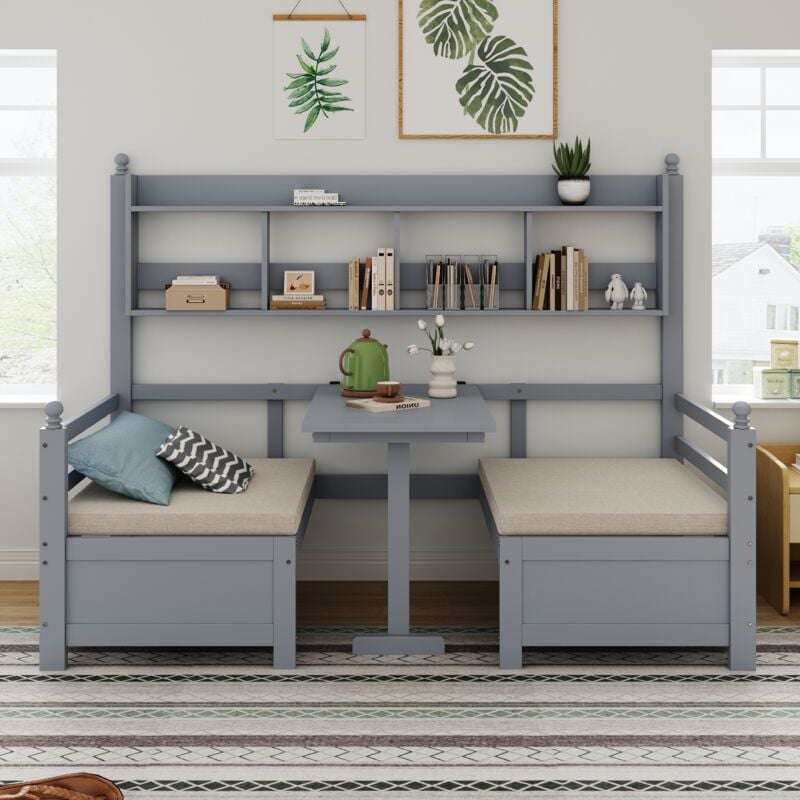 Canapé-lit 90x200cm, 2 en 1 avec lit et bureau, convertible en canapé, avec coussins confortables, cadre de lit en bois massif, Gris