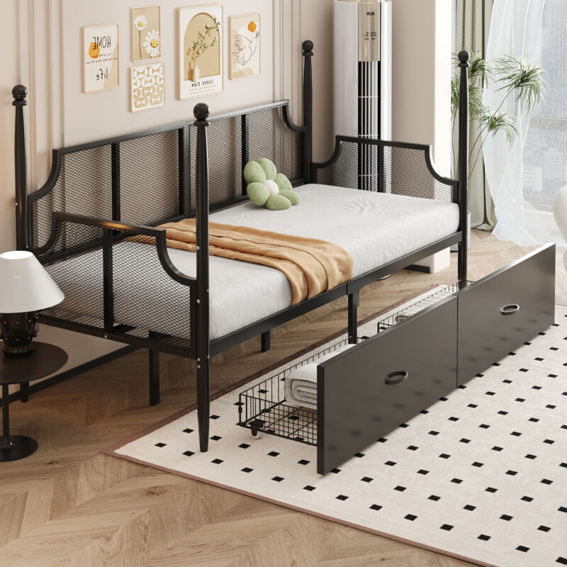 REDOM Lit simple 90x200 cm Design vintage métal avec tiroirs de rangements Noir (Sans matelas)