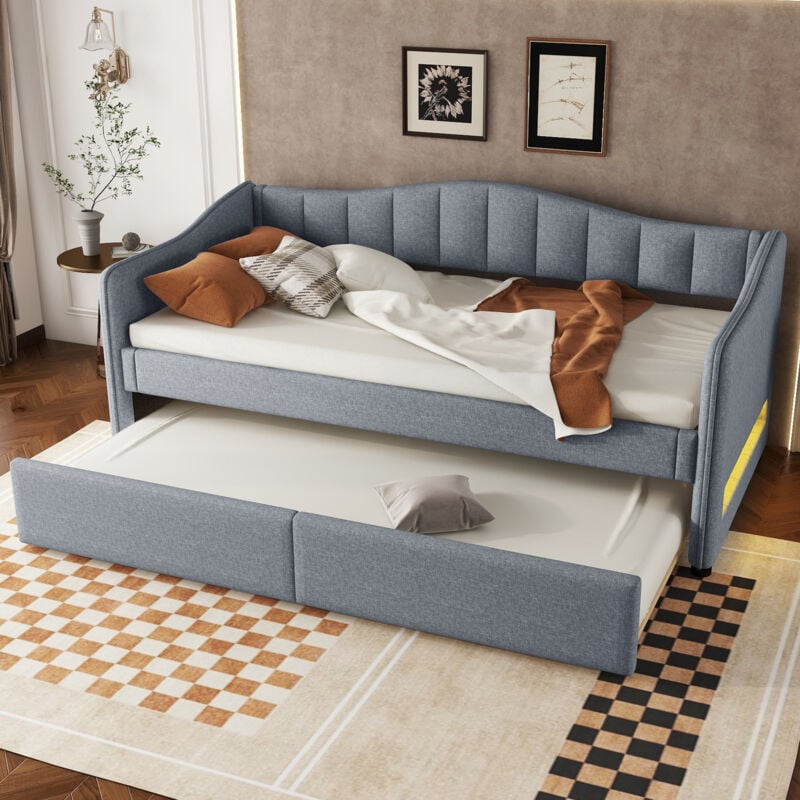 Modfu - Canapé-lit adulte 90x200cm avec lit gigogne, style simple, sans matelas, lin, gris