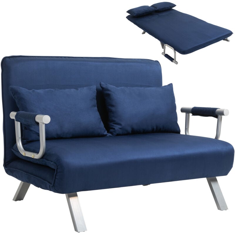 Homcom - Canapé-lit canapé convertible 2 places déhoussable grand confort 2 coussins fournis pieds accoudoirs métal suède bleu