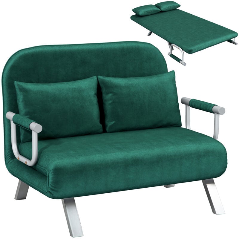 Homcom - Canapé-lit canapé convertible 2 places déhoussable grand confort 2 coussins fournis pieds accoudoirs métal suède vert émeraude
