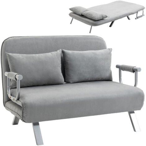 HOMCOM Canapé-lit canapé convertible 2 places déhoussable grand confort 2 coussins fournis pieds accoudoirs métal suède gris clair