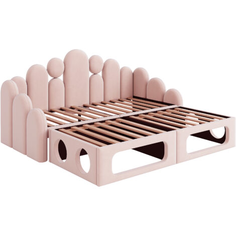 Canapé lit capitonné 180x200 cm avec niche pour animal 2 en 1, dossier confortable sommier à lattes, multifonction salon chambre velours, rose