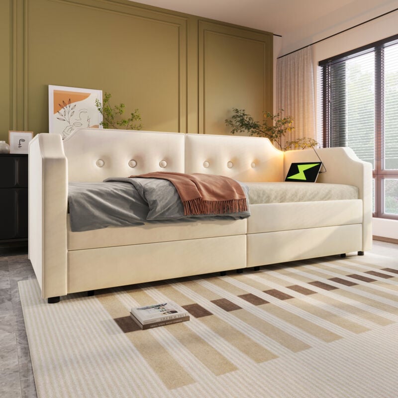Canapé-lit capitonné 90 x 200 cm, liseuse usb Type-C, 2 tiroirs, lit enfant, lit ado, velours, sans matelas, beige