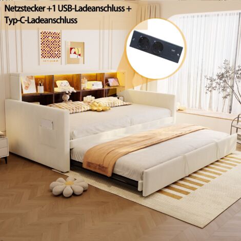 Canapé-lit capitonné 90x190cm, lit gigogne, tête de lit avec rangements intégrés, bande lumineuse LED et prises de chargement, velours, beige