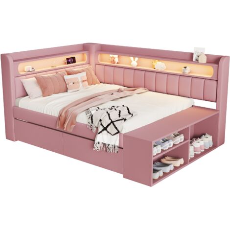 Canapé lit capitonné 90x200 cm avec éclairage led port usb meuble chaussures 2 tiroirs, multifonction gain de place chambre salon, tissu bois pink